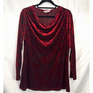 Alison Daley Red Velvet and Black Mesh Fairygoth Holiday Blouse Womens Size L